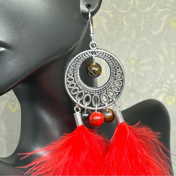 Handmade Red Feather Boho Earrings with Tiger Eye & Turquoise Gemstones! - Picture 4 of 5